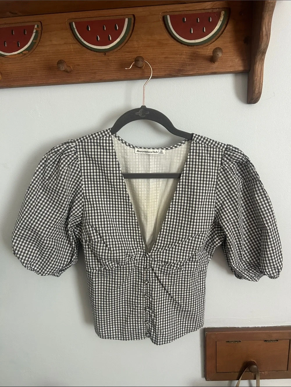 Abercrombie & Fitch Black & White Gingham Puff Sleeve Blouse